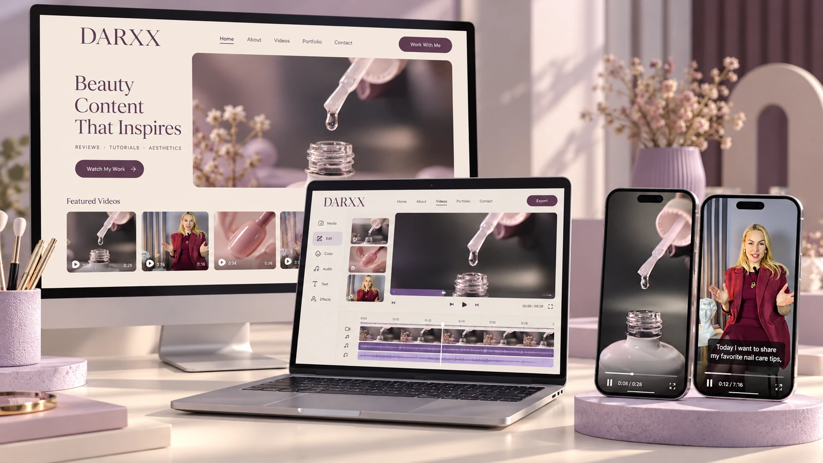Мокап DARXX: на мониторе — портфолио с beauty-видео, на ноутбуке — монтаж, на двух телефонах — предметный и разговорный ролики